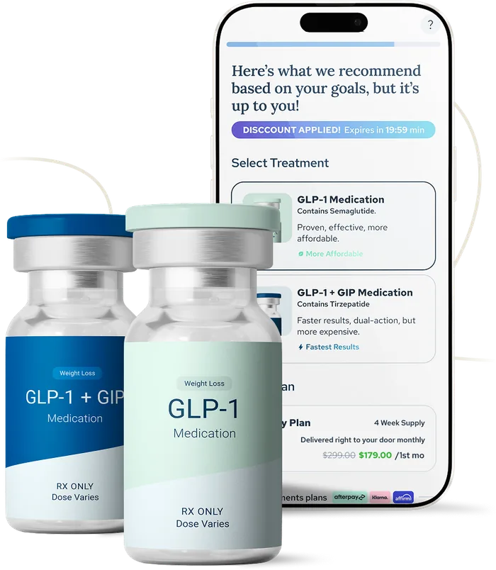 Fatless Living treatment selection screen alongside medication vials